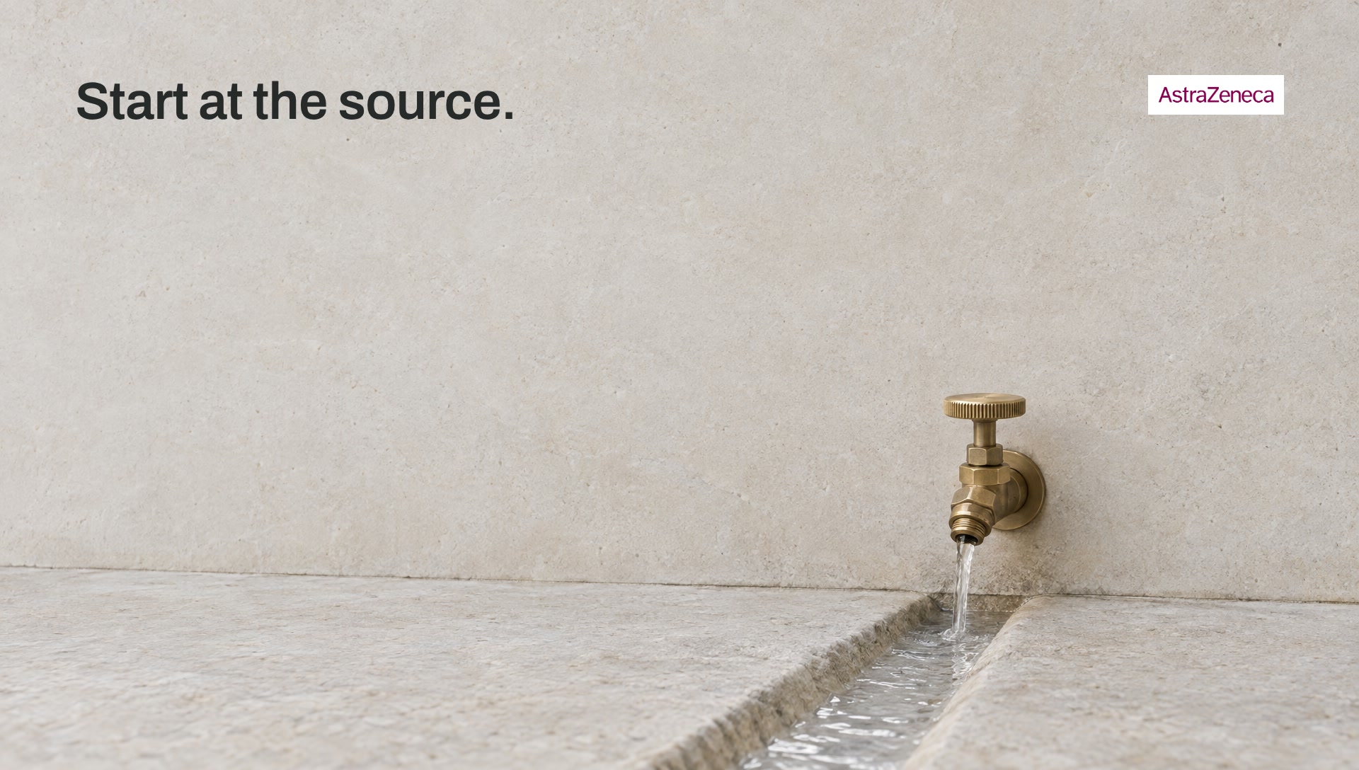 Key art: a single brass valve on pale stone with one calm thread of water, with the line Start at the source.