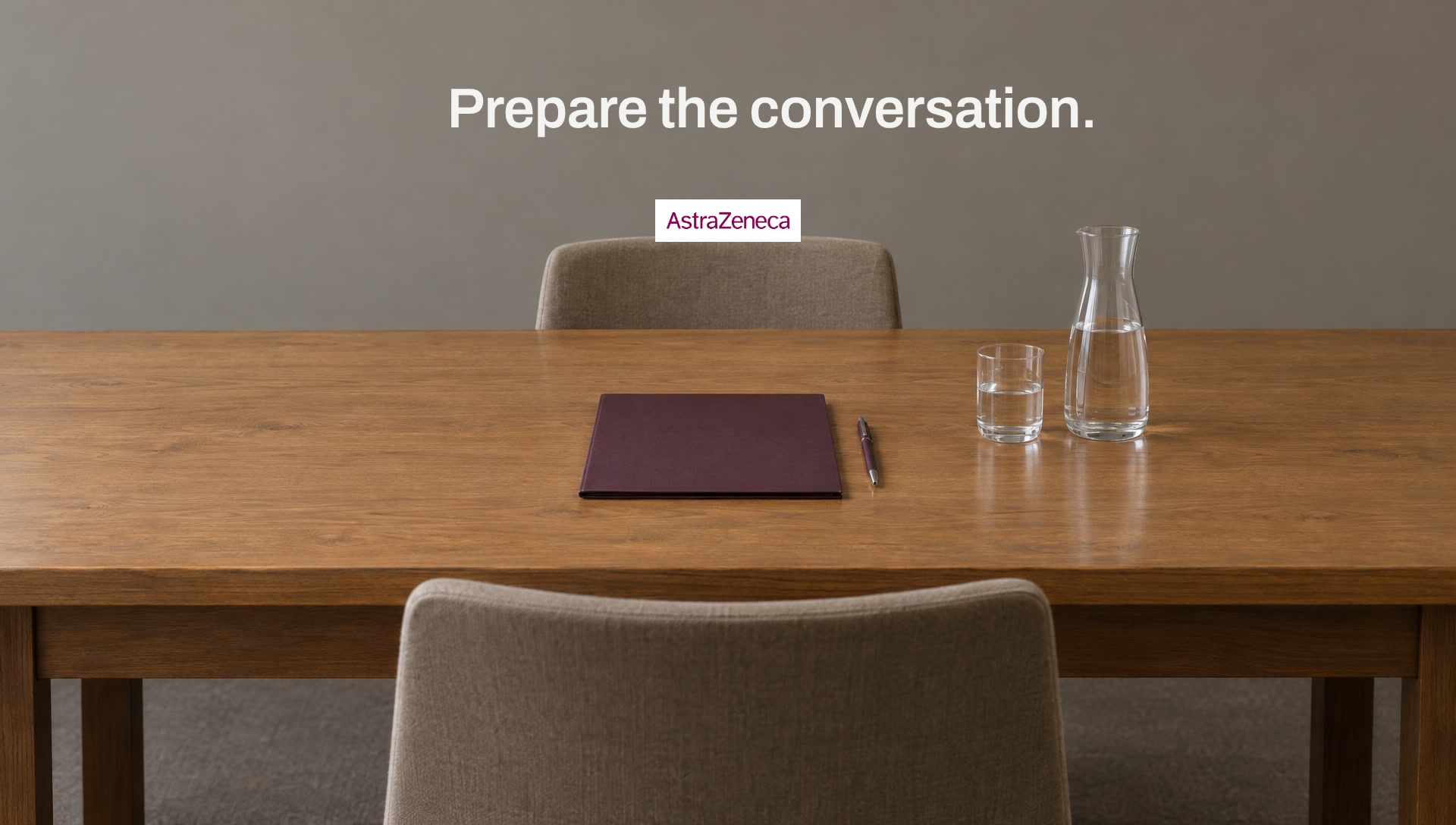 Key art: a briefing table set for one person with a mulberry folder, with the line Prepare the conversation.