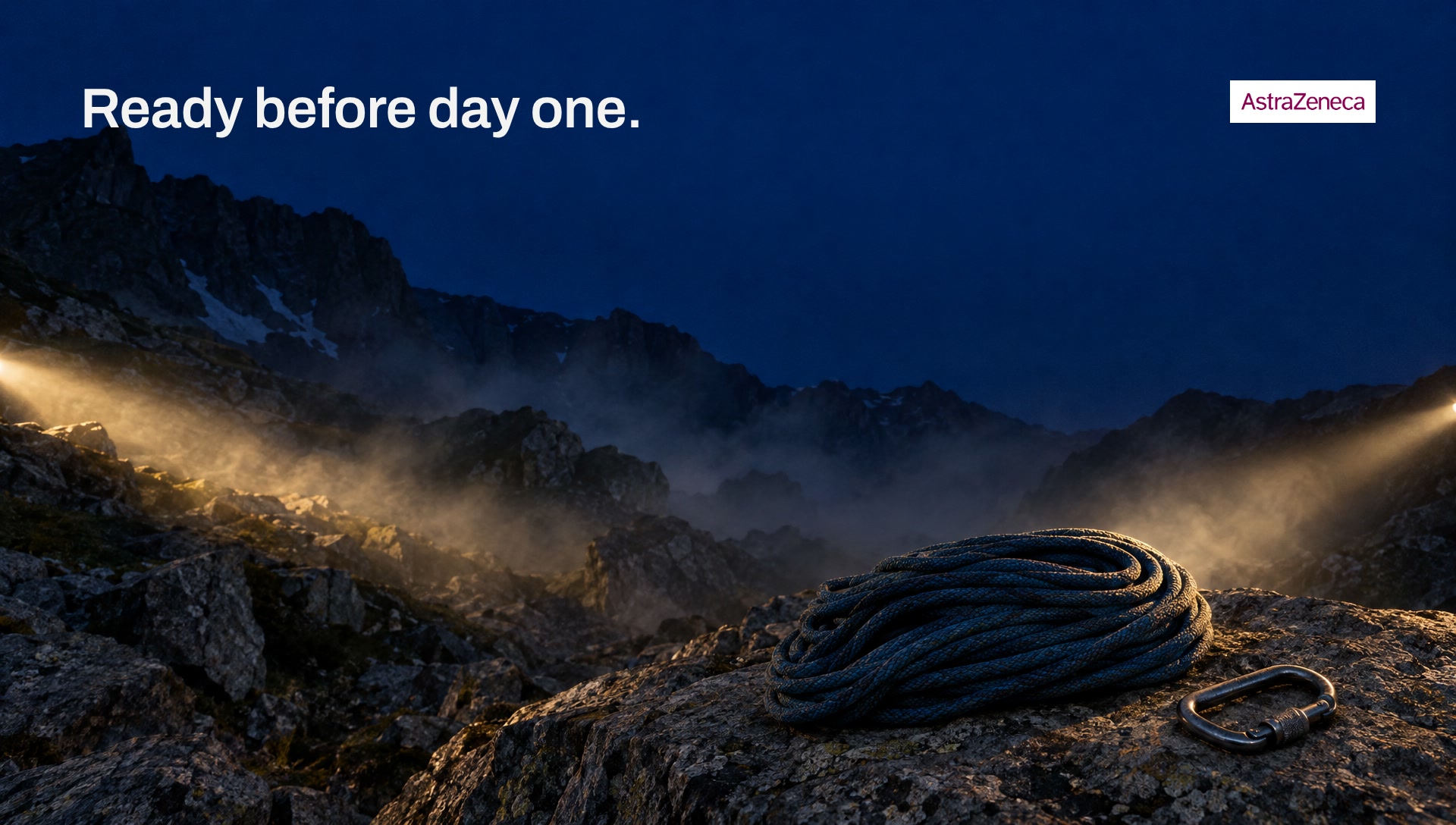 Key art: headlamp beams crossing a dark hillside above a coiled rope, with the line Ready before day one.