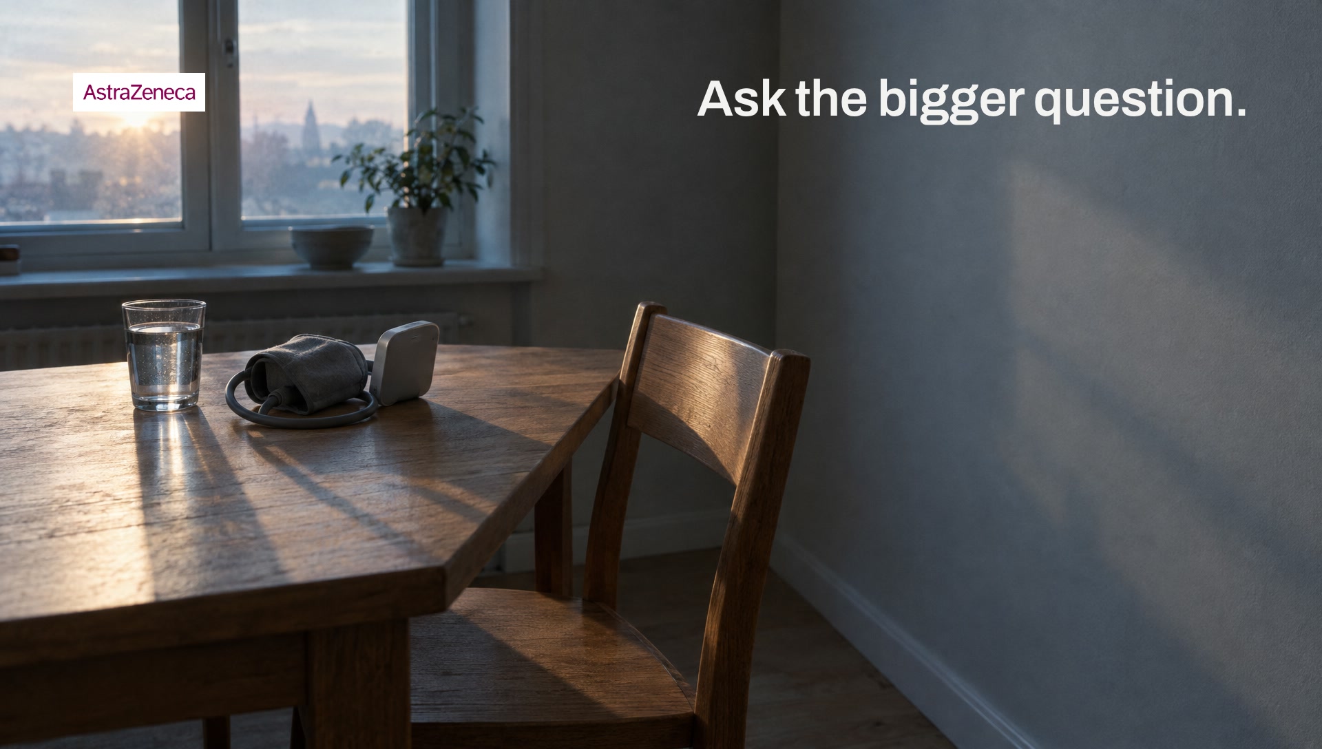 Key art: a kitchen table at dawn with a blood pressure cuff facing away, with the line Ask the bigger question.