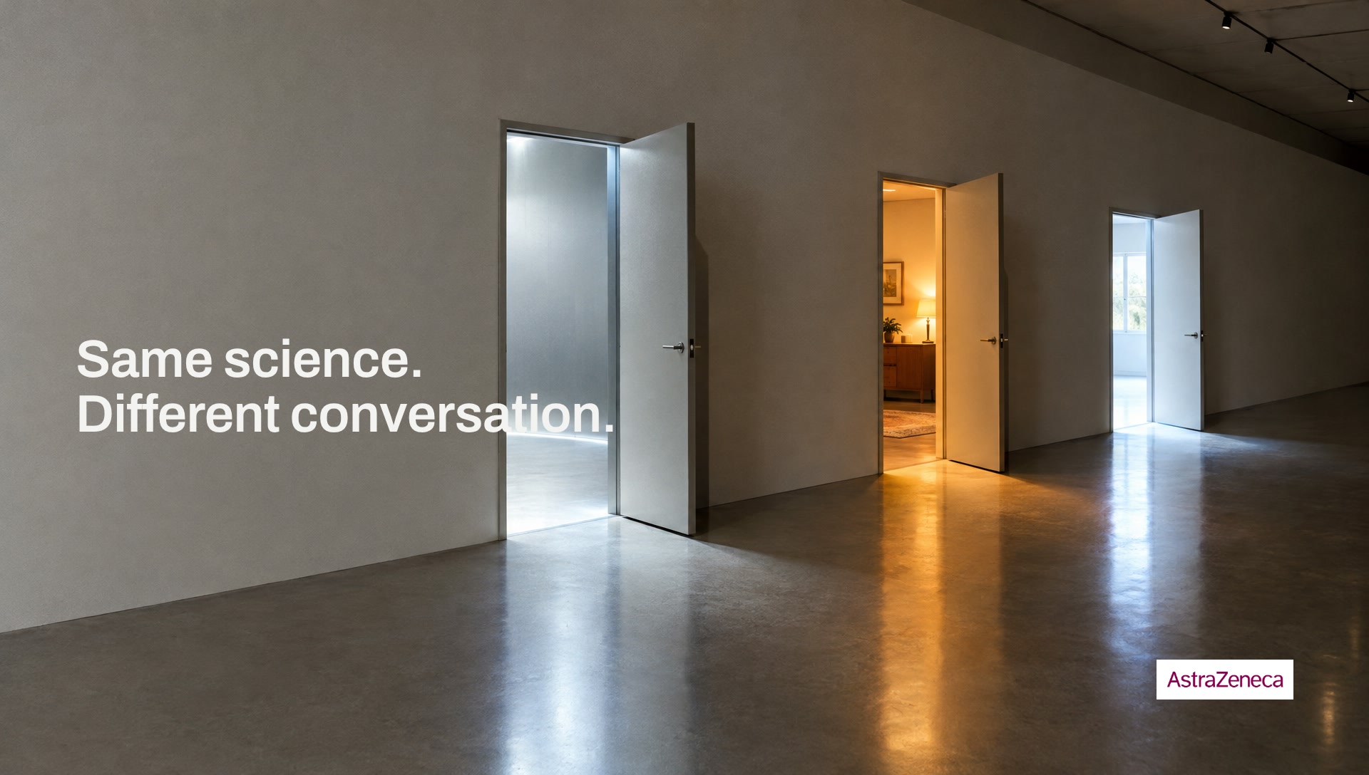 Key art: three doors spilling three different warmths of light, with the line Same science. Different conversation.